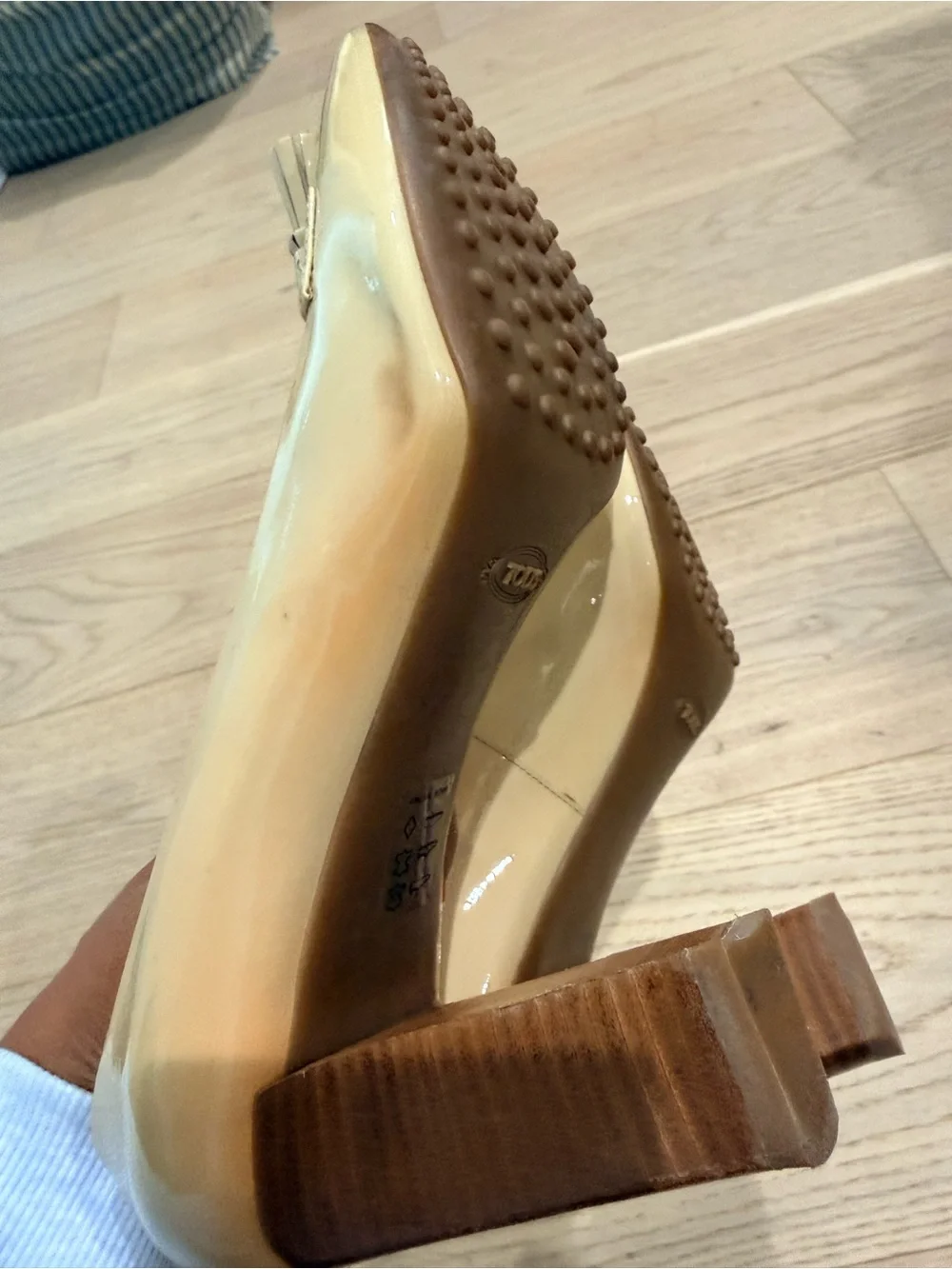 Tod's Cream Patent Leather Tassel Block Heels